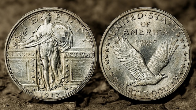 1917 Standing Liberty Quarter Type 1 obverse and reverse showing Liberty with exposed breast and flying eagle