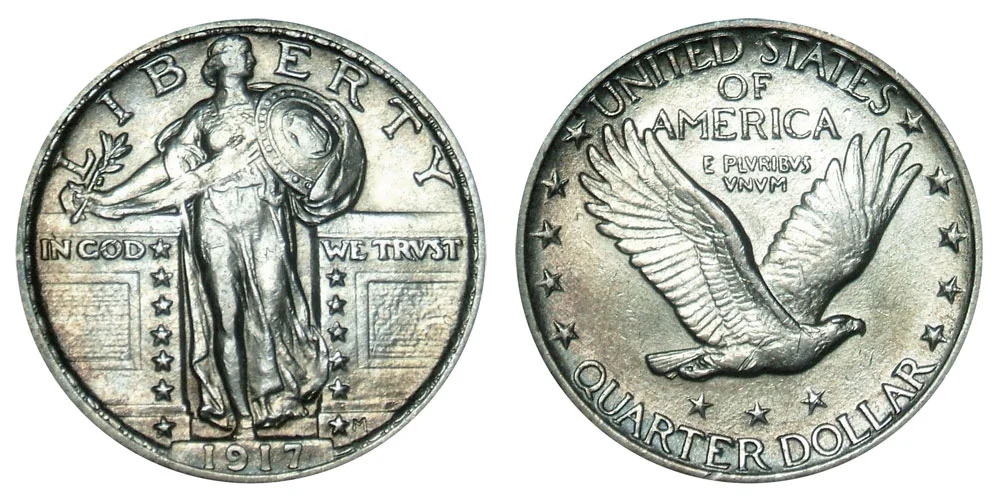 1917 Standing Liberty Quarter grading strip showing four condition tiers from worn G-4 through Fine, About Uncirculated, and Uncirculated